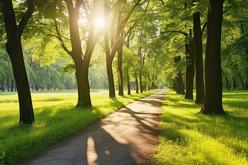 Park walking path grass tree road
